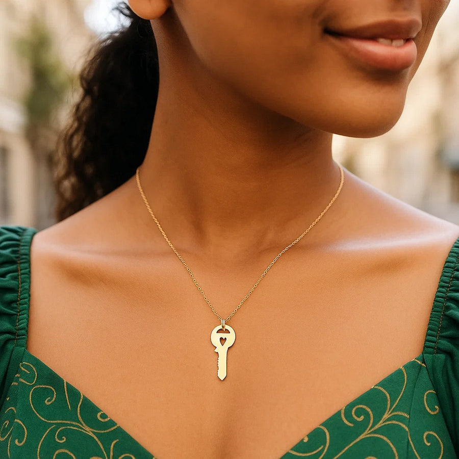 14K Yellow Gold Triple Heart Key Necklace