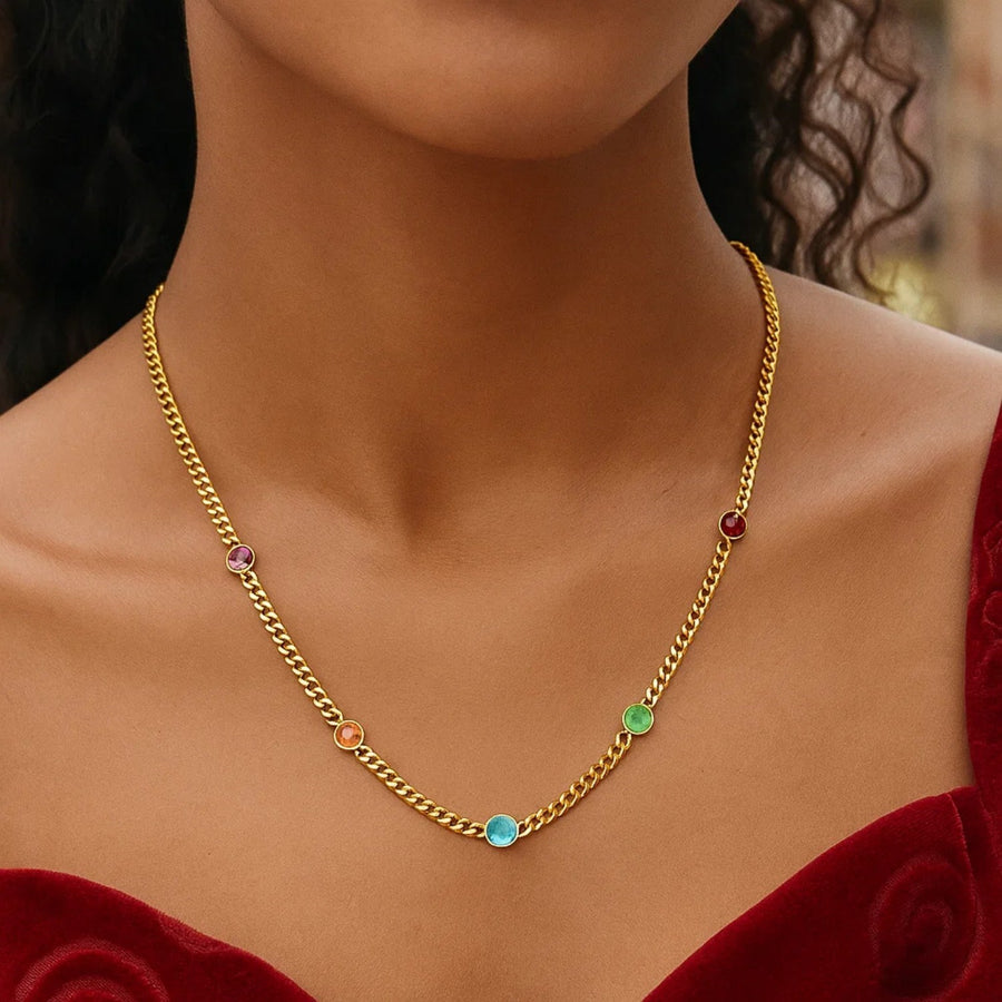 14K Yellow Gold Multi Gemstone Curb Chain Necklace