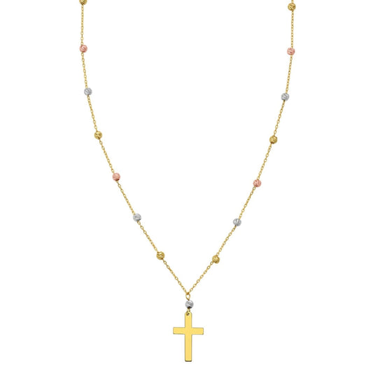 14K tri-color gold beaded cross necklace with three-tone gold pendant