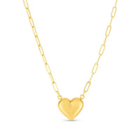 14k Yellow Gold Paperclip Chain Necklace with Puffed Heart