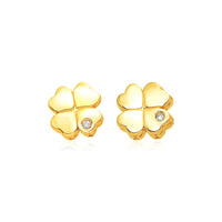 14k Yellow Gold Polished Four Leaf Clover Earrings with Diamonds(7mm)