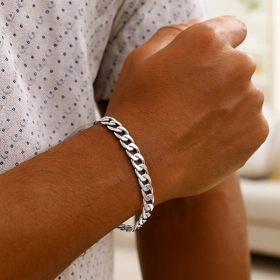 Rhodium Plated 7.2mm Sterling Silver Curb Style Bracelet