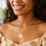 14K Yellow Gold Disc Initial V Pendant thumbnail 2