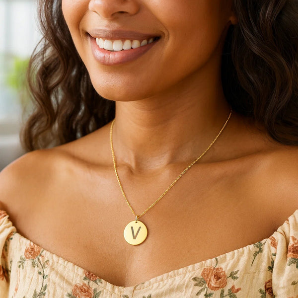 14K Yellow Gold Disc Initial V Pendant