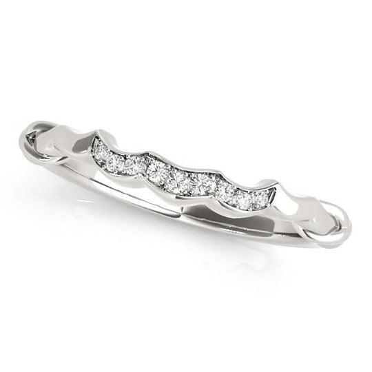 14K white gold scallop wedding band with channel-set round diamond stones