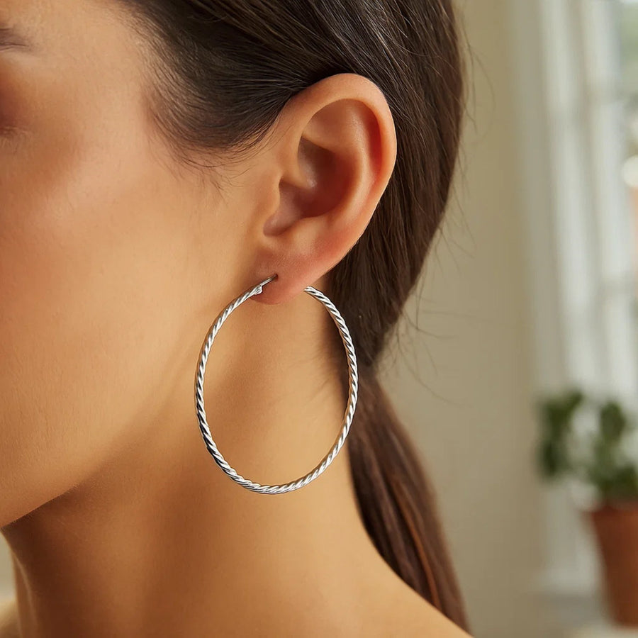 Hoop Earrings with Twist Texture in Sterling Silver