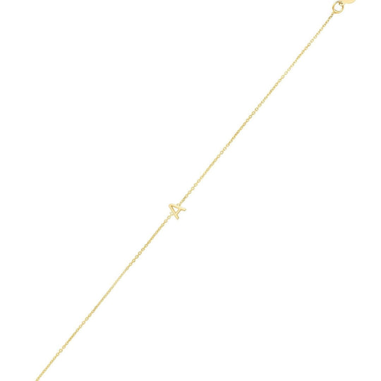 14K yellow gold mini initial A bracelet on a fine cable chain