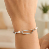 Sterling Silver Rhodium Plated Pearl Paperclip Bracelet thumbnail 4