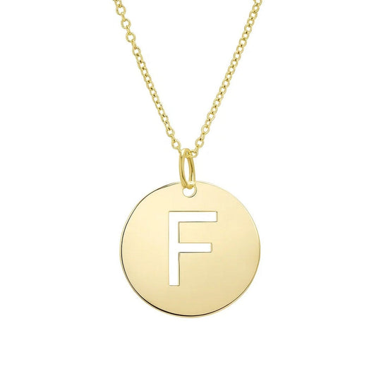 14K yellow gold disc initial F pendant with cut-out letter and closed top bail