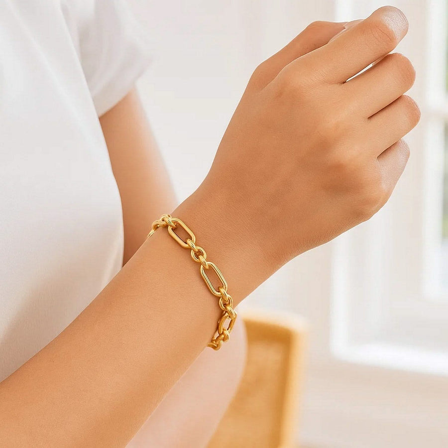 14k Yellow Gold Italian Alternating Paperclip Round Links Bracelet (8.00 mm)