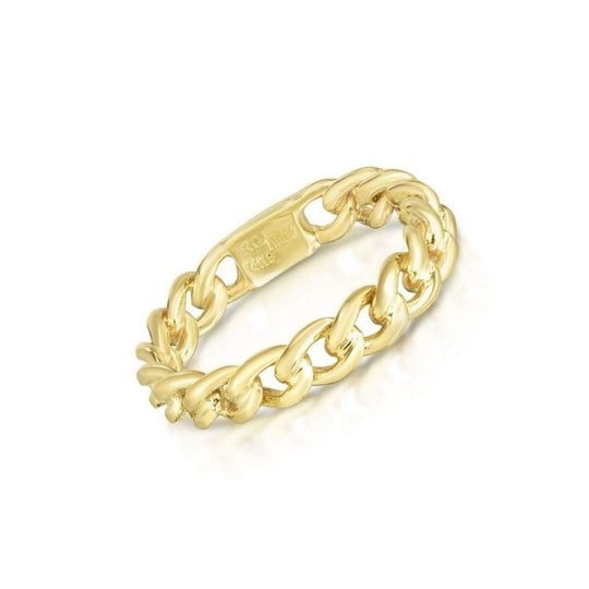14K yellow gold curb link ring with flat interlocking chain profile