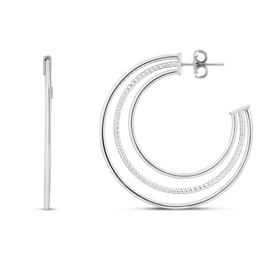 925 sterling silver three-row diamond-cut hoop earrings with polished finish