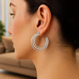 Sterling Silver Diamond Cut and Polished Three Row Hoop Earrings thumbnail 2