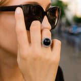 18k Yellow Gold & Sterling Silver Black Onyx and Diamond Popcorn Cushion Ring thumbnail 2