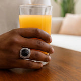 18k Yellow Gold & Sterling Silver Black Onyx and Diamond Popcorn Cushion Ring thumbnail 3