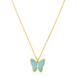 14K yellow gold butterfly necklace with turquoise inlay wings thumbnail 1