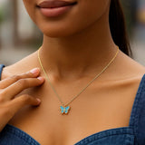 14k Yellow Gold High Polish Butterfly Turquoise Paste Necklace thumbnail 3
