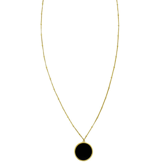 14K yellow gold circle necklace with inlaid black onyx disc pendant