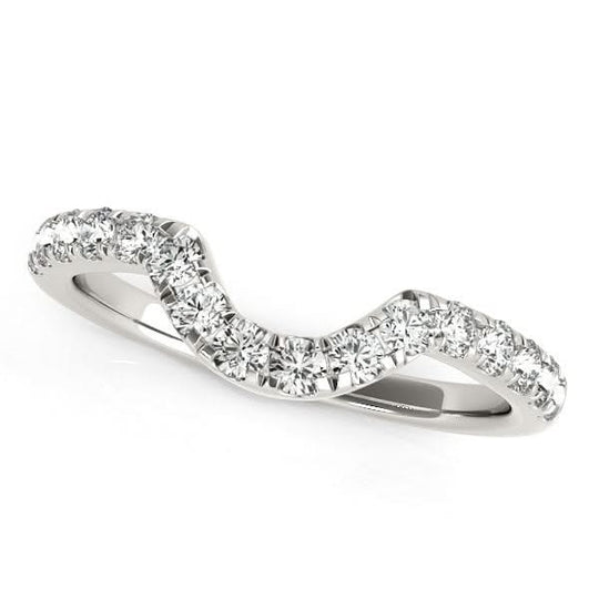 14K white gold curved wedding band with round diamond stones