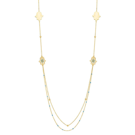 14K yellow gold long hamsa hand pendant necklace on gold chain