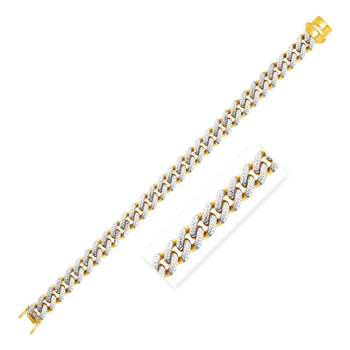 14k Two Tone Gold 8 1/4 inch Curb Chain Bracelet with White Pave (9.50 mm)