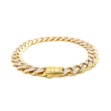 Load image into Gallery viewer, 14k Two Tone Gold 8 1/4 inch Curb Chain Bracelet with White Pave (9.50 mm)