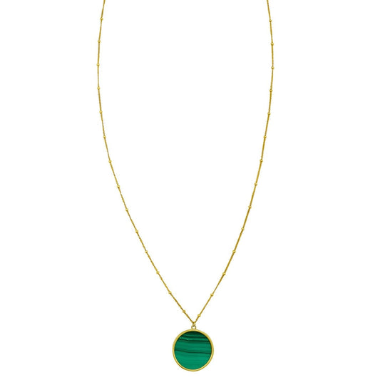 14K yellow gold circle necklace with green malachite inlay pendant