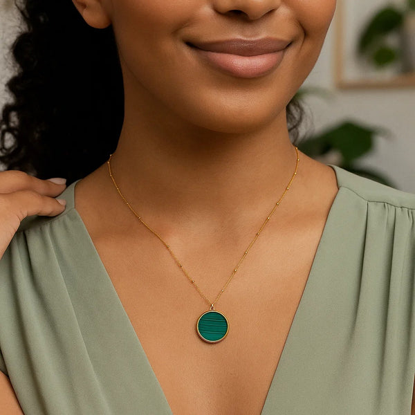 14K Yellow Gold Malachite Inlay Circle Necklace