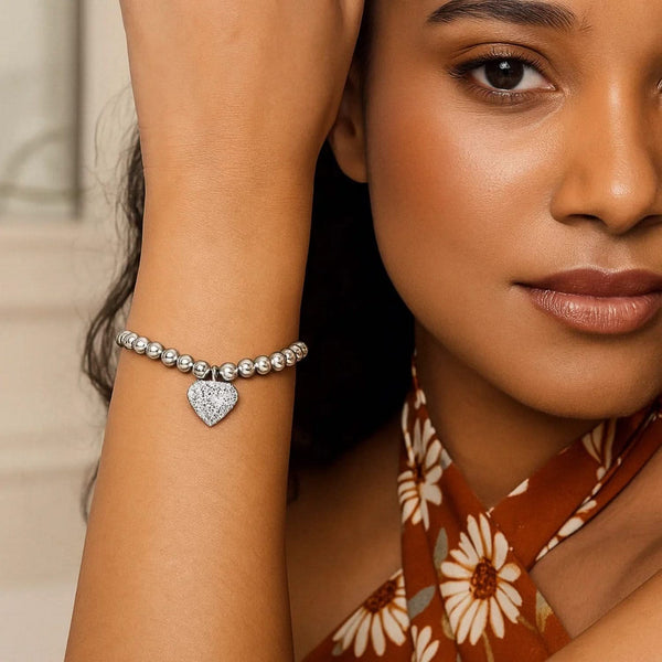 Adjustable Bead Bracelet with Round Charm and Cubic Zirconias in Sterling Silver