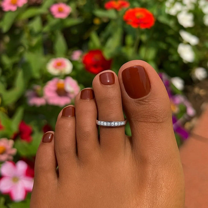 Sterling Silver Rhodium Finished Toe Ring with White Tone Cubic Zirconia Accents