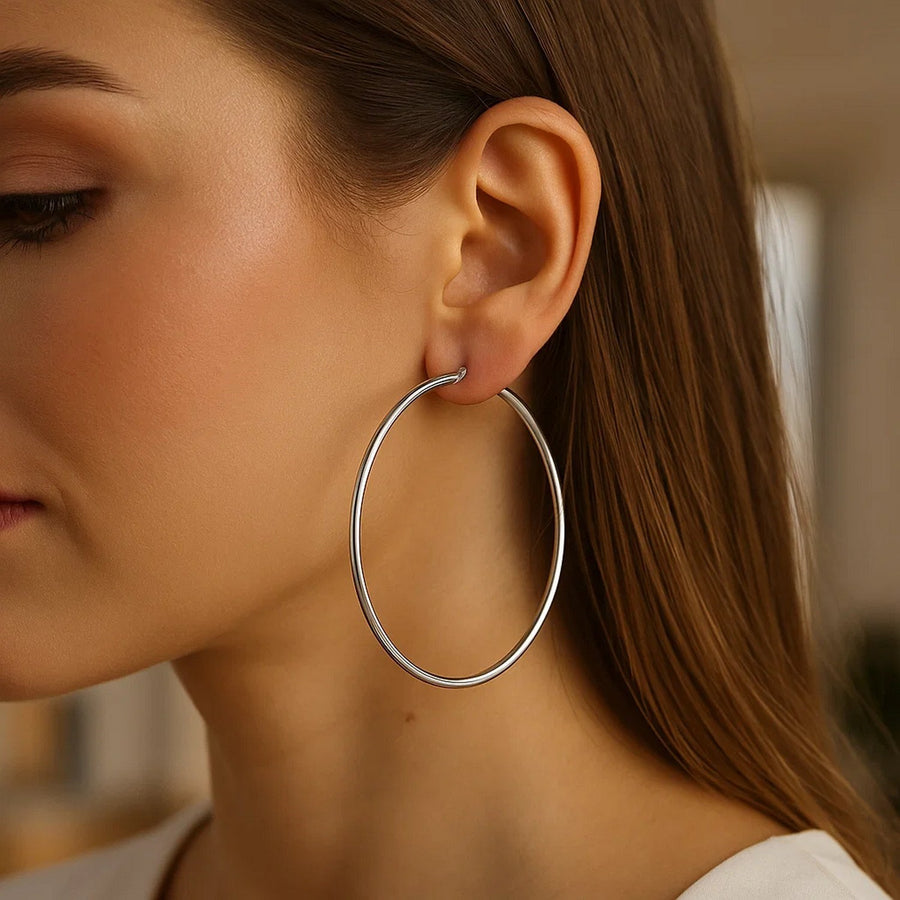 Rhodium Plated Hoop Earrings in Sterling Silver (2x60mm)