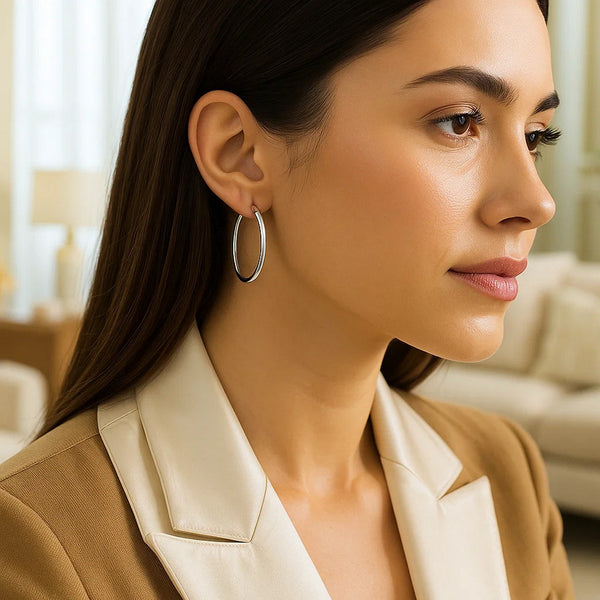 Sterling Silver Rhodium Plated Polished Motif Hoop Earrings (35mm)