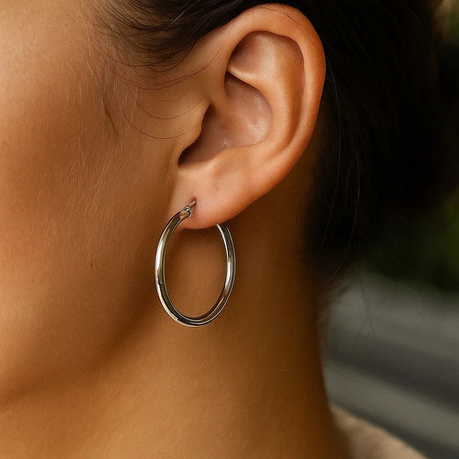 Sterling Silver Rhodium Plated Polished Motif Hoop Earrings (35mm)