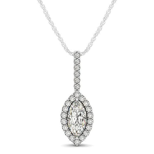 14K white gold pendant with marquise diamond and round halo diamond stones
