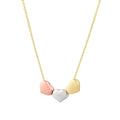 14K tri-color gold necklace with three heart-shaped pendants