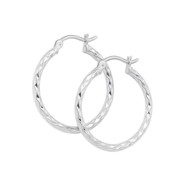 14k White Gold Diamond Cut Hoop Earrings  (2x25mm)