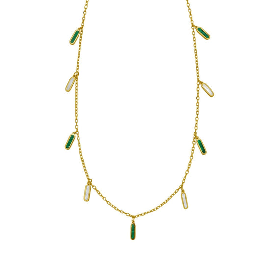 14K yellow gold station necklace with malachite and mother-of-pearl inlay panels