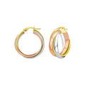 14K tri-color gold woven hoop earrings in yellow, white, and rose gold