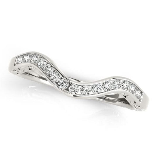 14K white gold curved wedding ring with row of round diamond stones