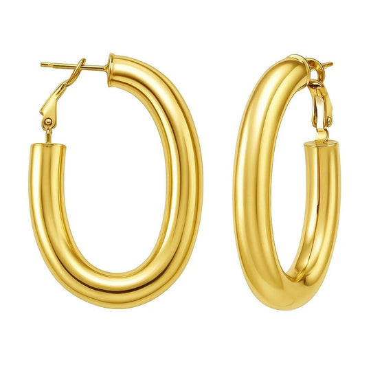 14K yellow gold oval omega hoop earrings with polished finish