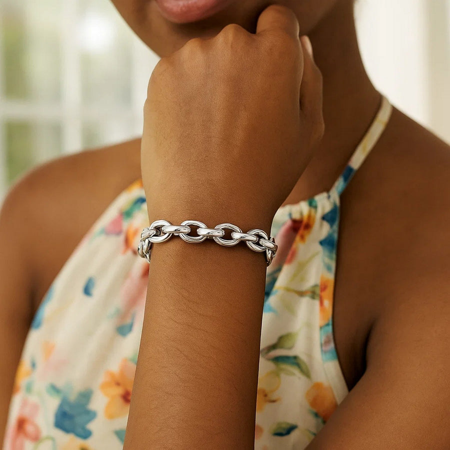 Sterling Silver Rhodium Plated Oval Link Bracelet