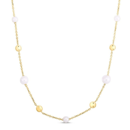 14K yellow gold necklace with pear pearl stations on a tin cup chain