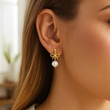 14K Yellow Gold Bow and Freshwater Pearl Drop Earrings thumbnail 2