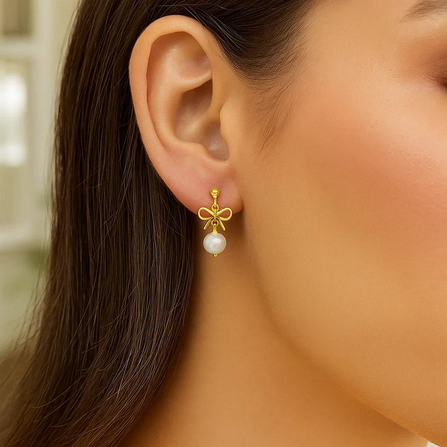 14K Yellow Gold Bow and Freshwater Pearl Drop Earrings