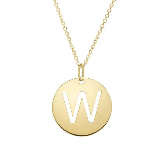 14K yellow gold disc initial W pendant with cut-out letter and fixed bail