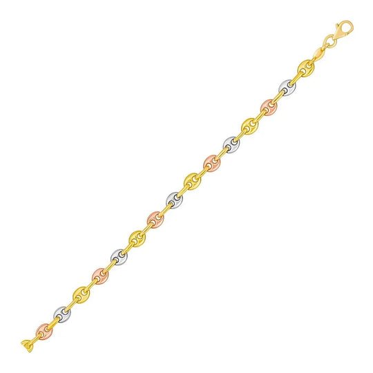 14K tri-color gold mariner link bracelet, 4.90 mm flat links