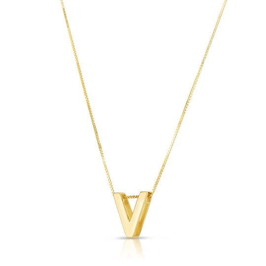 14K yellow gold block letter V initial necklace pendant