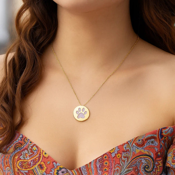 14k Yellow Gold Necklace with Dog Paw Print Symbol in Mother of Pearl