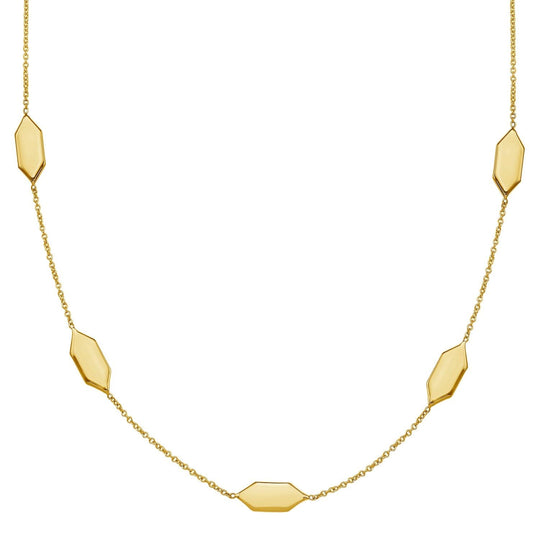 14K yellow gold elongated hexagon pendant necklace with a fixed bail