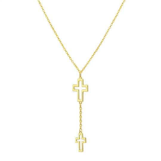 14K yellow gold double cross drop necklace with two polished pendants